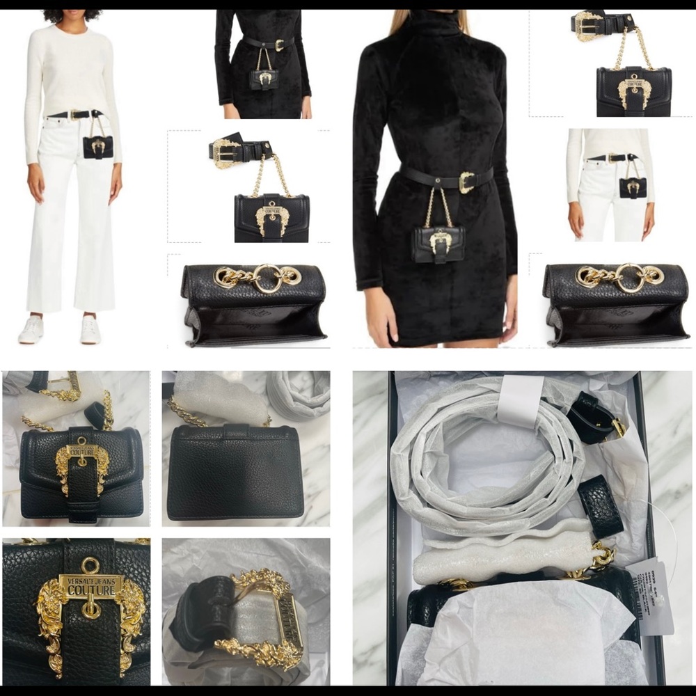 VERSACE 2 IN 1 BLACK & GOLD LOGO HARDWARE BELT WITH DETACHABLE BAG 4 CARD SLOTS